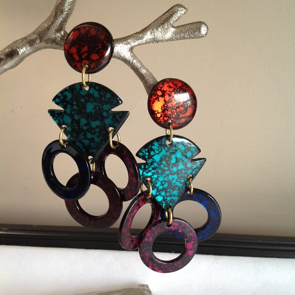 Vintage 80's Massive Clip On Speckled Neon Abstract Dangle Earrings